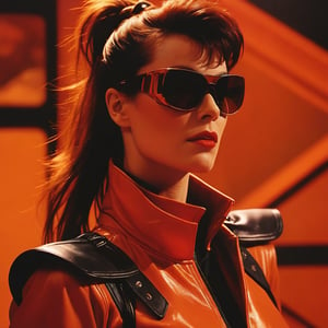 Boudoir, Confident woman in futuristic red outfit with black accents, high collar, and large wrap-around sunglasses. 1980s voluminous hair. Orange backdrop with black symbols, sci-fi, dystopian feel, likely leader or antagonist. Close-up, movie still, hard shadows, grainy, analog film, nighttime, faded film, desaturated, 35mm photo.,vjvx,Inprdm