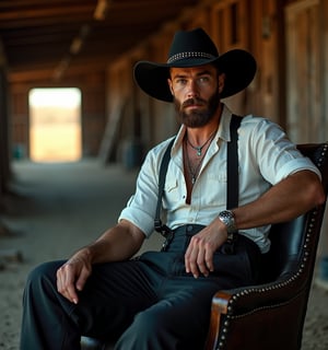 Fashion portrait in atmospheric barn interior. Man wearing black suspender pants with patches of traditional Amish fabrics. Plain white button-up shirt, rolled-up sleeves, subtle studs on collar. Distressed wide-brimmed black hat with studded band. Heavy dark brown leather work boots. Neat beard with small blue streak. Natural makeup with slightly smoked-out eyes. Leaning on a vintage rocking chair partially covered in black leather and studs. Lighting: golden hour warmth with hints of neon blue. Misty background. Expression combines calm strength with a hint of rebellion.
Style: Rugged fashion photography, rich textures, moody atmosphere