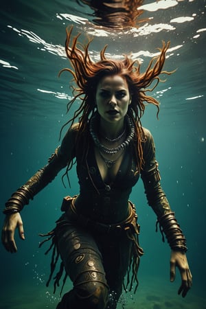 dark boho female doomguy, plunges into the water. Underwater photo