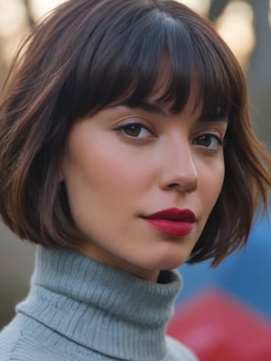 a closeup of argentine girl with bob cut hair with bangs , with icy Gray color , blue turtleneck , and the woman's face partially obscured in the style of her voluminous hair. The focus is on the rich color of her hairstyle, set against an out of focus background that suggests natural surroundings. Her lips have subtle love red lipstick, adding to the romantic atmosphere. Shot in soft lighting, the photograph captures every detail of texture and shine within her beautiful locks,,Inprdm