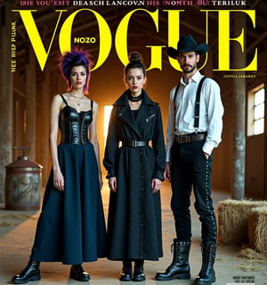 # Amish Punk Magazine Cover Prompt

Create a high-fashion magazine cover showcasing the new "Amish Punk" style:

Layout:
- Vertical format, typical of fashion magazines
- Title at top: "VOGUE" in large, bold typography
- Subtitle: "The Rise of Amish Punk" in smaller, edgy font

Main Image:
- Three models posed in an abandoned barn at twilight
- Fog machine haze for atmospheric effect
- Warm golden lighting with neon pink and green accents

Models and Styling:
1. Center (Modest Mohawk):
   - Woman in floor-length navy dress with asymmetrical hem
   - Black leather corset over dress
   - Detachable bonnet with deep purple mohawk crest
   - Combat boots
   - Positioned slightly forward, gazing directly at camera

2. Left (Quilted Anarchy):
   - Woman in oversized black quilt coat with leather accents
   - Coat pattern subtly incorporates anarchist symbols
   - Spiked mini-bonnet
   - Chunky black boots
   - Turned slightly towards center, profile partly visible

3. Right (Barn Raising Rebel):
   - Man in black suspender pants with Amish fabric patches
   - White button-up with studded collar, sleeves rolled up
   - Distressed wide-brimmed hat with studded band
   - Dark brown work boots
   - Angled towards center, face partially obscured by hat brim

Makeup and Details:
- Minimal base makeup with dramatic eyes
- Subtle neon eyeliner accents (green, pink, blue respectively)
- Focus on texture contrasts: smooth skin, rough leather, soft fabric

Props and Background:
- Visible barn interior with weathered wood and hay bales
- Punk-painted butter churn in foreground
- Modified farm tools (pitchfork with chains) subtly placed

Text Overlays:
- "Tradition Meets Rebellion: Fashion's New Frontier"
- "DIY Punk Meets Amish Simplicity"
- "Modest Mohawks & Quilted Anarchy: Your Guide Inside"

Style and Mood:
- High-contrast, editorial fashion photography
- Blend of rustic textures and sleek, modern elements
- Atmosphere of tension between tradition and defiance

Composition:
- Rule of thirds with models as focal points
- Dynamic poses creating visual interest and flow
- Enough negative space for text without obscuring key style elements