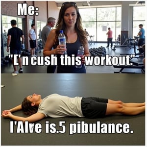 Meme: A split image: on the left, a photo of someone confidently walking into a gym with a water bottle and a towel, looking determined. On the right, the same person lying flat on the floor, completely exhausted after just 10 minutes.
Text (Top): "Me: 'I'm going to crush this workout!'"
Text (Bottom): "Also me after 5 minutes: 'I need an ambulance.'"