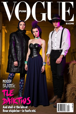 # Amish Punk Magazine Cover Prompt
Create a high-fashion magazine cover showcasing the new "Amish Punk" style:
Layout:
- Vertical format, typical of fashion magazines
- Title at top: "VOGUE" in large, bold typography
- Subtitle: "The Rise of Amish Punk" in smaller, edgy font
Main Image:
- Three models posed in an abandoned barn at twilight
- Fog machine haze for atmospheric effect
- Warm golden lighting with neon pink and green accents
Models and Styling:
1. Center (Modest Mohawk):
   - Woman in floor-length navy dress with asymmetrical hem
   - Black leather corset over dress
   - Detachable bonnet with deep purple mohawk crest
   - Combat boots
   - Positioned slightly forward, gazing directly at camera
2. Left (Quilted Anarchy):
   - Woman in oversized black quilt coat with leather accents
   - Coat pattern subtly incorporates anarchist symbols
   - Spiked mini-bonnet
   - Chunky black boots
   - Turned slightly towards center, profile partly visible
3. Right (Barn Raising Rebel):
   - Man in black suspender pants with Amish fabric patches
   - White button-up with studded collar, sleeves rolled up
   - Distressed wide-brimmed hat with studded band
   - Dark brown work boots
   - Angled towards center, face partially obscured by hat brim
Makeup and Details:
- Minimal base makeup with dramatic eyes
- Subtle neon eyeliner accents (green, pink, blue respectively)
- Focus on texture contrasts: smooth skin, rough leather, soft fabric
Props and Background:
- Visible barn interior with weathered wood and hay bales
- Punk-painted butter churn in foreground
- Modified farm tools (pitchfork with chains) subtly placed
Text Overlays:
- "Tradition Meets Rebellion: Fashion's New Frontier"
- "DIY Punk Meets Amish Simplicity"
- "Modest Mohawks & Quilted Anarchy: Your Guide Inside"
Style and Mood:
- High-contrast, editorial fashion photography
- Blend of rustic textures and sleek, modern elements
- Atmosphere of tension between tradition and defiance. Composition:
- Rule of thirds with models as focal points
- Dynamic poses creating visual interest and flow
- Enough negative space for text without obscuring key style elements