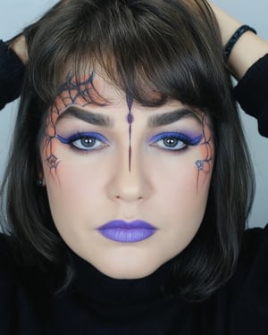 A mysterious individual's inky black hair frames their face as they gaze directly into the lens. A mesmerizing Halloween-inspired makeup design takes center stage, featuring intricate patterns of orange and purple hues, resembling a spider's web. The subject's eyes are adorned with bold, bright blue eyeliner, giving an air of mystique. The framing is tight, focusing attention on the striking facial artistry.