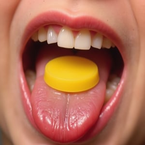 Close-up shot of a bright yellow candy deep within the wet, pink-lined interior of an unsuspecting young girl's open mouth. Soft focus on the surrounding tongue and gums, with shallow depth of field to emphasize the sugary treat's vibrant color and sticky texture. parted lips