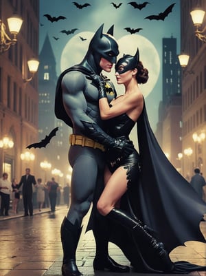 A captivating movie poster featuring Batman and Catwoman, both dressed in their iconic costumes, sharing a tender moment. Batman, with a smile on his face, lifts Catwoman up in his arms while they are surrounded by a romantic heart-shaped design made of Bats. The background is a cinematic cityscape at night, with the Bat-signal shining brightly in the sky. The overall feeling of the poster is a blend of romance, action, and delightful surprise.,vjvx