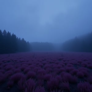 A desolate, mystical realm unfolds before us. The foreground's rich, velvety purple grass stretches towards a horizon dominated by a foreboding, navy blue forest. Amidst this somber scenery, a smoky, darkened sky hangs heavy with clouds, casting an air of mystery and foreboding. The landscape's unusual hues evoke a sense of unease, as if the very fabric of nature is shrouded in an otherworldly gloom.