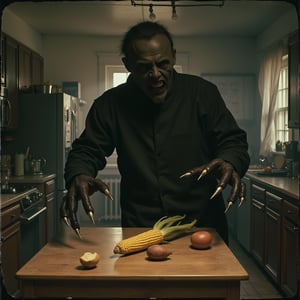 A backlit large dark scary shadow with sharp claws dressed as a cook with a deformed face mask, on an old farmhouse kitchen table with a scared corn and a sweet potato on the table, backlit by the refrigerator far on the background, symmetrical, polaroid, noir, photo by Martin Ansin