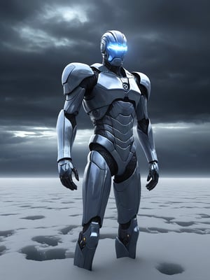  lndr as A humanoid android, its metallic body polished to a reflective sheen, stands on the desolate surface of Neptune, enduring the planet's hostile conditions. The android’s design is aerodynamic yet sturdy, with reinforced joints and glowing circuits that pulse faintly in the deep blue haze of the atmosphere. Despite the fierce, high-speed winds and swirling methane clouds that tear through the frozen landscape, the android remains unshaken, its advanced systems compensating for the brutal environment. Icy frost gathers on its outer shell, while its glowing eyes scan the distance, watching as storm clouds roil violently above.
