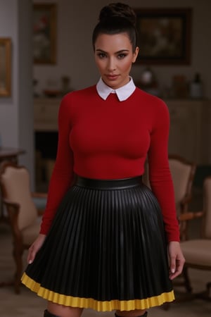 Kim Kardashian as Olive Oyl: Close-up on a stunning beauty, dressed in a fitted red sweater with crisp white collar, flowing black pleated skirt with vibrant yellow band on the bottom. Her sleek bun hairstyle rests low in the nape of her neck, exuding confident poise. Oversized brown boots add to her quirky charm. A blurred backdrop subtly highlights her elegant features, blending portrait and cinematic photography styles.