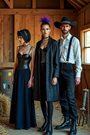 Amish Punk Magazine Cover:
Music magazine cover showcasing the new "Amish Punk" style:
Layout:
- Vertical format, typical of fashion magazines
- Title at top: "Discordansia" in large, bold typography
- Subtitle: "The Rise of Amish Punk" in smaller, edgy font
Main Image:
- Three models posed in an abandoned barn at twilight
- Fog machine haze for atmospheric effect
- Warm golden lighting with neon pink and green accents
Models and Styling:
1. Center (Modest Mohawk):
   - Woman in floor-length navy dress with asymmetrical hem
   - Black leather corset over dress
   - Detachable bonnet with deep purple mohawk crest
   - Combat boots
   - Positioned slightly forward, gazing directly at camera
2. Left (Quilted Anarchy):
   - Woman in oversized black quilt coat with leather accents
   - Coat pattern subtly incorporates anarchist symbols
   - Spiked mini-bonnet
   - Chunky black boots
   - Turned slightly towards center, profile partly visible
3. Right (Barn Raising Rebel):
   - Man in black suspender pants with Amish fabric patches
   - White button-up with studded collar, sleeves rolled up
   - Distressed wide-brimmed hat with studded band
   - Dark brown work boots
   - Angled towards center, face partially obscured by hat brim
Makeup and Details:
- Minimal base makeup with dramatic eyes
- Subtle neon eyeliner accents (green, pink, blue respectively)
- Focus on texture contrasts: smooth skin, rough leather, soft fabric
Props and Background:
- Visible barn interior with weathered wood and hay bales
- Punk-painted butter churn in foreground
- Modified farm tools (pitchfork with chains) subtly placed
Text Overlays:
- "Tradition Meets Rebellion: Fashion's New Frontier"
- "DIY Punk Meets Amish Simplicity"
- "Modest Mohawks & Quilted Anarchy: Your Guide Inside"
Style and Mood:
- High-contrast, editorial fashion photography
- Blend of rustic textures and sleek, modern elements
- Atmosphere of tension between tradition and defiance. Composition:
- Rule of thirds with models as focal points
- Dynamic poses creating visual interest and flow
- Enough negative space for text without obscuring key style elements