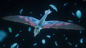 A majestic Braided Glider floats effortlessly in the dark, bioluminescent sky of its alien planet. Its elongated, braided body is gracefully coiled, glowing with soft shades of pink, blue, and green as it moves through the air. The creature's vast, fabric-like wings are unfurled, their translucent membranes glowing softly with intricate bioluminescent threads woven throughout. These wings stretch wide, catching the faint wind as the floating fabric scraps in the sky swirl around it. Its long, prehensile, braided limbs extend from its body, gently grasping the glowing branches of the braided flora below.The Glider’s sleek, elongated face is bathed in the soft light from its large, glowing eyes, which radiate intelligence and curiosity. The faint shimmer of the bioluminescent liquid running through its braids highlights its complex, organic textures. The dark sky in the background is filled with floating fabric-like leaves, reflecting the soft glow of the bioluminescent world below, while the creature hovers gracefully, its braided form creating a mesmerizing, otherworldly pattern. The creature's gentle and fluid movement through the air is captured in the portrait, framed by the glowing flora and the surreal, floating fabric clouds of the alien planet