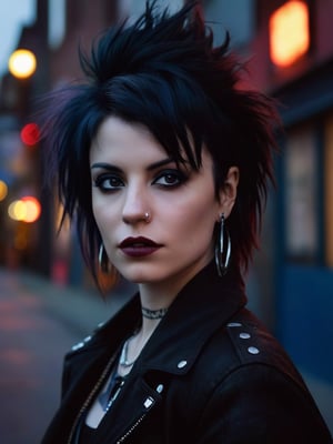 A close-up, analog photo of a trendy female goth boho bboy, with a vintage cinematic vibe. She sports a vlzblnc outfit. Her dark hair is styled in an edgy way, and she has a piercing gaze. The background is out of focus, with a dimly lit urban street setting. The overall atmosphere is moody and stylish, reminiscent of a 90s alternative music video. Hasselblad medium format camera, Helios 44-2 58mm F2 lens, realistic, textured skin, cinematic backlit lighting, dramatic effect, sharp focus on clothing, soft shadows on skin