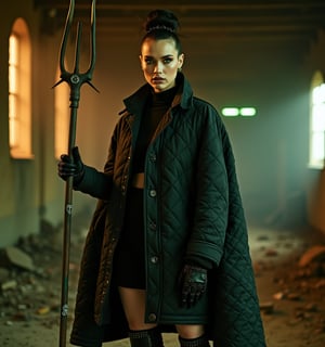 Fashion photoshoot in abandoned barn. Woman wearing oversized black quilt coat with leather lapels and cuffs. Quilting pattern subtly incorporates anarchist symbols. Ankle-length plain black dress underneath. Chunky black boots with discreet metal studs. Fingerless gloves made from quilt scraps. Hair in sleek bun with small, spiked bonnet. Minimal makeup with smokey eyes in deep, muted colors. Single thin line of neon green eyeliner. Holding a pitchfork painted with anarchist symbols. Dramatic lighting: warm golden tones with neon green accents. Foggy atmosphere. Expression conveys stoic determination.
Style: High-fashion photography, detailed textures, moody lighting.