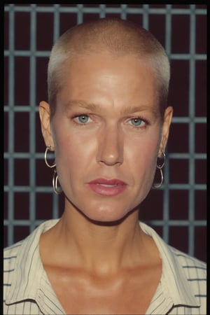 Skinhead Woman in prison, Photo by Annie leibovitz, typical jail background, close up , shaved head, movie still, hard shadows, analog film, deep photo, depth of field, ferrania p30 film, shadows, nighttime, dark photo, grainy, dimly lit, harsh camera flash, faded film, desaturated, 35mm photo, vintage, kodachrome,Xuxa