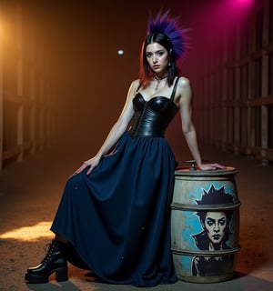 High-fashion shoot in twilit barn setting. Woman in floor-length navy blue dress with asymmetrical hem. Dress adorned with small safety pins along seams. Black leather corset worn over dress. Matte black combat boots. Wearing detachable bonnet with mohawk-inspired crest in deep purple. Hair styled sleek on sides, mohawk crest visible. Subtle makeup with smokey eyes in navy, thin line of neon pink eyeliner. Posing with an old-fashioned butter churn painted with punk-inspired mural. Lighting: warm golden with neon pink highlights. Hazy atmosphere. Expression blends modesty with defiance.
Style: Editorial fashion photography, contrasting textures, dramatic shadows