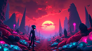 A breathtaking, otherworldly landscape reveals an alien planet with a surreal and captivating atmosphere. Rich hues of red, purple, and blue dominate the scene, where undulating, shell-like formations glow softly with bioluminescent light, casting intricate shadows across the terrain. Lofty, spire-like structures and towering, twisted trees with braided, glowing roots stretch across the ground, blending with the alien flora that emits vibrant pink, purple, and blue-green light. Floating orbs and abstract, ribbon-like shapes drift in the air, leaving faint trails of light as they move through the mystical, dreamlike forest. An alien bird-like creature soars across the sky, silhouetted against the vivid reds and purples of a transitioning sunset, with rays of volumetric light cutting through the bioluminescent landscape. Amidst this eerie beauty, a striking alien being walks through the terrain. Its body, entirely composed of intricate braided skin, shimmers in the dim light, with glowing eyes reflecting intelligence and curiosity. The alien traverses an uncomfortable dark planet where bioluminescent flora pulsates underfoot, while the sky above is obscured by clouds made of floating fabric scraps, further enhancing the alien world's ethereal and mysterious atmosphere.