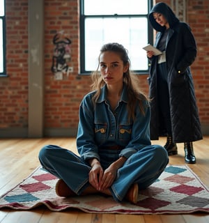 Here's a photo concept based on your request:

Inside Pages: Hip-Hop Amish Fusion

The camera captures a dynamic scene within a minimalist industrial-style loft. Model 1, dressed in oversized denim with Amish-inspired patchwork, sits cross-legged on a handmade quilt spread across the hardwood floor. Their hands are engaged in traditional Amish craft, such as whittling or sewing. The exposed brick wall behind them features subtle graffiti art, while natural light pours in from large factory-style windows.

In the background, Model 2 stands against the brick wall, dressed in a long black coat with quilted patterns and modern boots with gold aglets. Their hands are in their pocket and holding a tablet or smartphone. The contrast between stillness and movement creates a captivating visual representation of tradition meeting modernity.

The shot features a shallow depth of field to focus on the models while showcasing the environment. High-contrast post-processing emphasizes textures, creating a bold look that blends contemplation with urban energy.