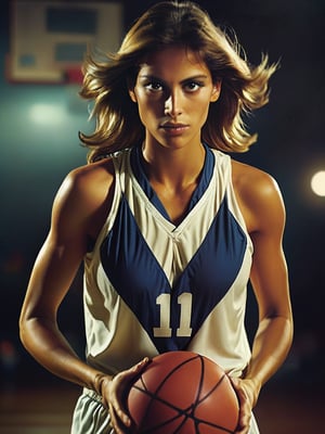 A striking vintage photo of rshlf as a female Velez Sarsfield basketball player, wearing an vlzblnc basketball uniform. The scene is captured using the legendary Ferrania P30 film, resulting in a deep, nostalgic atmosphere. The eyes stands out against the dimly lit, grainy, and slightly faded backdrop. The hard shadows and harsh camera flash create a dynamic contrast, while the analog film adds a unique texture to this deep, captivating photo reminiscent of a movie still.