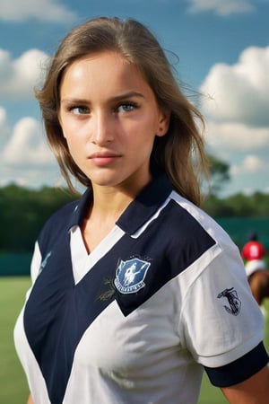 rshlf girl Polo player,  wearing a Vlzblnc polo shirt, inspired in vlzblnc jersey, portrait photo by annie leibovitz, polo field on the background 