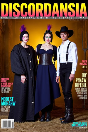 Amish Punk Magazine cover showcasing the new "Amish Punk" style:
Layout:
- Vertical format, typical of fashion magazines
- Title at top: "Discordansia" in large, bold typography
- Subtitle: "The Rise of Amish Punk" in smaller, edgy font
Main Image:
- Three models posed in an abandoned barn at twilight
- Fog machine haze for atmospheric effect
- Warm golden lighting with neon pink and green accents
Models and Styling:
1. Center (Modest Mohawk):
   - Woman in floor-length navy dress with asymmetrical hem
   - Black leather corset over dress
   - Detachable bonnet with deep purple mohawk crest
   - Combat boots
   - Positioned slightly forward, gazing directly at camera
2. Left (Quilted Anarchy):
   - Woman in oversized black quilt coat with leather accents
   - Coat pattern subtly incorporates anarchist symbols
   - Spiked mini-bonnet
   - Chunky black boots
   - Turned slightly towards center, profile partly visible
3. Right (Barn Raising Rebel):
   - Man in black suspender pants with Amish fabric patches
   - White button-up with studded collar, sleeves rolled up
   - Distressed wide-brimmed hat with studded band
   - Dark brown work boots
   - Angled towards center, face partially obscured by hat brim
Makeup and Details:
- Minimal base makeup with dramatic eyes
- Subtle neon eyeliner accents (green, pink, blue respectively)
- Focus on texture contrasts: smooth skin, rough leather, soft fabric
Props and Background:
- Visible barn interior with weathered wood and hay bales
- Punk-painted butter churn in foreground
- Modified farm tools (pitchfork with chains) subtly placed
Text Overlays:
- "Tradition Meets Rebellion: Fashion's New Frontier"
- "DIY Punk Meets Amish Simplicity"
- "Modest Mohawks & Quilted Anarchy: Your Guide Inside"
Style and Mood:
- High-contrast, editorial fashion photography
- Blend of rustic textures and sleek, modern elements
- Atmosphere of tension between tradition and defiance. Composition:
- Rule of thirds with models as focal points
- Dynamic poses creating visual interest and flow
- Enough negative space for text without obscuring key style elements