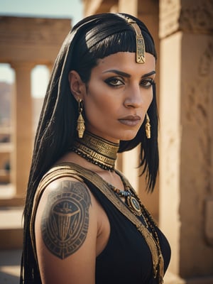 Polaroid-style half-body portrait of a dark goth Cleopatra, Hasselblad medium format camera, Helios 44-2 58mm F2 lens, realistic, textured skin, ancient Egyptian tattoos, blend of Roman and Egyptian fashion, backdrop of ancient Egyptian city, cinematic backlit lighting, dramatic effect, sharp focus on clothing, soft shadows on skin, essence of Cleopatra, portrait photography,rshlf,mrlhgr,mrlghr