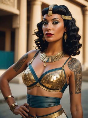 Polaroid-style half-body portrait of a pin-up Cleopatra, Hasselblad medium format camera, Helios 44-2 58mm F2 lens, realistic, textured skin, ancient Egyptian tattoos, blend of Roman and Egyptian fashion, backdrop of ancient Egyptian city, cinematic backlit lighting, dramatic effect, sharp focus on clothing, soft shadows on skin, essence of Cleopatra, portrait photography