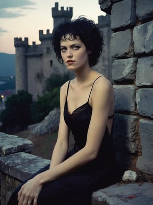 A sultry nu goth vampire queen sits regally on a decrepit castle battlement at midnight, full body. Afro haircut , her face contorted in an ecstasy-filled grimace as if savoring the very essence of darkness. The Ferrania P30 film's grainy texture and desaturated hues evoke a sense of nostalgia and foreboding. A 35mm camera captures the scene with a shallow depth of field, blurring the crumbling stone walls behind her while emphasizing the stark contrast between her porcelain skin and the dark, stained surroundings. A harsh camera flash casts an eerie glow on her pale features, as if Xuxa's very presence is illuminating the dark recesses of this forsaken castle.