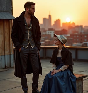 Golden hour sets the tone as an Amish-inspired fusion takes center stage. The urban rooftop backdrop features a mix of city skyline and traditional barn structure, blending contrasting worlds. Male model stands tall, sporting oversized wool coat with quilted lapels, charcoal satin vest with gold embroidery, and dark denim trousers. He gazes off-camera, contemplative expression in place. Female model sits adjacent, dressed in floor-length denim skirt, boxy jacket with subtle quilting, and delicate lace blouse. Her Amish-inspired bonnet shines with metallic sheen. As the sun dips below the horizon, warm golden light highlights their silhouettes, while soft fill light reveals details in darker clothing. Gold accents from accessories and sunset hues add a touch of luxury to this edgy yet serene scene.