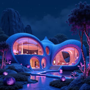 Set against the backdrop of towering bioluminescent structures, a family house emerges from the alien landscape, seamlessly blending into the glowing environment. The home is crafted from organic, shell-like materials, its exterior gently undulating with flowing, braided textures that emit a soft blue and purple glow. The house appears to have grown naturally from the ground, with walls that pulse faintly with bioluminescent light, and large, translucent windows resembling the surface of a shimmering, alien pearl. Twisted, glowing vines wrap around the structure, intertwining with the architecture and forming living walkways and entrances. Outside, a glowing garden surrounds the house, filled with pulsating alien flora that casts a gentle, warm light across the scene. Large, bioluminescent mushrooms and plant-like formations line the pathways, leading to a softly glowing entrance, where the light spills into the interior, creating an ethereal atmosphere. Inside, the home is filled with smooth, flowing lines, where braided, glowing patterns on the walls and floors echo the natural elements of the planet. Floating orbs of light hover in each room, acting as soft, ambient lighting, while the ceilings are draped with translucent, fabric-like materials that float gently, reflecting the glow from the bioluminescent garden outside. In the living area, alien furniture is formed from curved, organic materials, glowing softly in pink and purple hues. A central communal space is filled with a circular, glowing platform where the family gathers, and from the windows, the dark sky reflects the faint light from the floating fabric leaves overhead, creating a sense of serene isolation. The house feels both mystical and cozy, a sanctuary in this strange, glowing world.