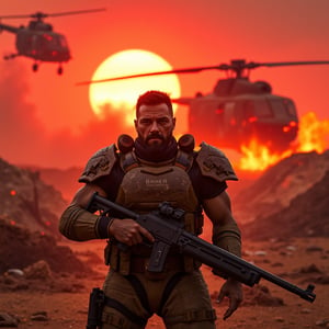 Pov: Doom videogame as a live action scene. In a desolate, apocalyptic landscape, a lone Marine, clad in worn, battle-torn armor, stands victorious amidst the ruins of a once-thriving city. The crimson sun sets behind him, casting a fiery glow on the devastated terrain. He holds a shotgun at the ready, his face scarred and weathered from countless battles against the hordes of demons. In the background, a flaming helicopter crashes to the ground, as demonic creatures emerge from the smoke, their eyes glowing with an otherworldly light.