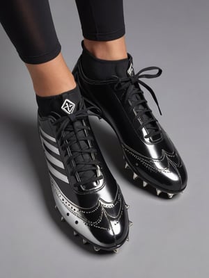 A striking photograph of a cutting-edge soccer cleat that embodies the essence of nu goth fashion. The sleek, all-black design seamlessly merges athleticism with the alternative. The matte black leather upper is soft to the touch yet durable for play, while intricate stitching patterns evoke gothic architecture. Velvet ribbon laces replace traditional laces, drawing inspiration from Victorian mourning attire. Metallic silver studs on the sole contrast with the dark upper, hinting at industrial influences. The cleat's modern silhouette features a pointed toe reminiscent of winklepickers. This is the perfect footwear for those who dare to stand out on the field, blending the rebellious spirit of nu goth with the performance of professional soccer gear.,vlzblnc