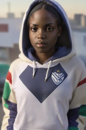 Extremely Realistic pretty african mrlhgr woman, wearing a Vlzblnc hoodie, hoodie inspired in vlzblnc jersey, gangsta photo by annie leibovitz