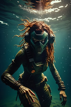 dark boho female doomguy, plunges into the water. Underwater photo