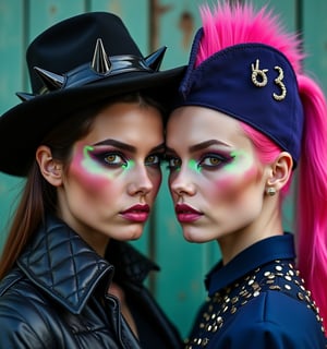 A fusion of rebellion and tradition, two faces side by side in a high-fashion close-up. 'Quilted Anarchy' wears her black spiked bonnet and navy quilt coat collar with leather accents, while 'Modest Mohawk' shows off her deep purple mohawk-inspired bonnet and navy dress with safety pin details. Neon green and pink accents reflect in their eyes, as they share a determined yet modest gaze. The blurred barn wood texture background adds an air of intimacy to this powerful exploration of contrasts.