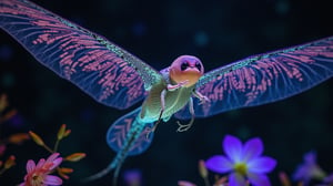 A majestic Braided Glider floats effortlessly amidst the dark, bioluminescent sky of its alien planet, framing shot with glowing flora below. Its braided body glows softly with pink, blue, and green hues as it moves through air, wings unfurled, translucent membranes aglow with intricate threads. The creature's prehensile limbs grasp glowing branches, face bathed in soft light from large, intelligent eyes. Bioluminescent liquid highlights complex textures, creating wooven pattern amidst floating fabric-leaf clouds.