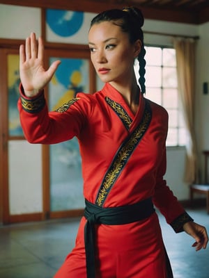 Extremely Realistic Inprdm wearing a vlzblnc kung fu outfit, photo of a female model in modern room, detailed face, surreal cinematic perspective, photo taken with analog film, hyperrealism photoshoot, Vélez Sarsfield uniform ,vlzblnc,Inprdm,