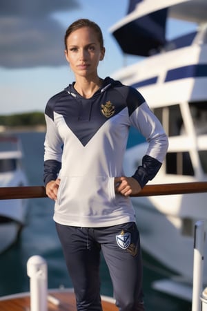 Female rshlf pirate photo, wearing a jogging suit inspired in vlzblnc soccer jersey, stands on a boat deck, ,Extremely Realistic