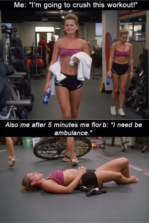 Meme: A split image: on the left, a photo of Xuxa confidently walking into a gym with a water bottle and a towel, looking determined. On the right, Xuxa lying flat on the floor, completely exhausted after just 10 minutes.
Text (Top): "Me: 'I'm going to crush this workout!'"
Text (Bottom): "Also me after 5 minutes: 'I need an ambulance.'"