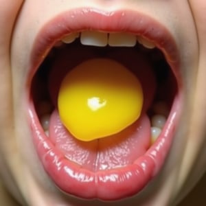 Close-up shot of a bright yellow candy deep within the wet, pink-lined interior of an unsuspecting young girl's open mouth. Soft focus on the surrounding tongue and gums, with shallow depth of field to emphasize the sugary treat's vibrant color and sticky texture. parted lips