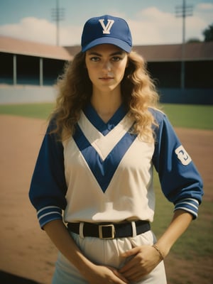 A striking vintage photo of vjvx as a female Velez Sarsfield baseball player, wearing an vlzblnc baseball uniform. The baseball cap has a big "V" emblem. The scene is captured using the legendary Ferrania P30 film, resulting in a deep, nostalgic atmosphere. The eyes stands out against the dimly lit, grainy, and slightly faded backdrop. The hard shadows and harsh camera flash create a dynamic contrast, while the analog film adds a unique texture to this deep, captivating photo reminiscent of a movie still.,clemente