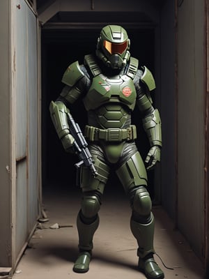 A lndr doomguy, wearing a zentai suit. standing on action. analog photo.