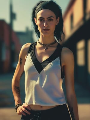 Close up, analog photo of a female goth bboy, posing with a graceful stance. She is wearing a stylish outfit that includes a short tank top,  pants, and a headpiece. The background is a dimly lit urban environment, Hasselblad medium format camera, Helios 44-2 58mm F2 lens, realistic, textured skin, cinematic backlit lighting, dramatic effect, sharp focus on clothing, soft shadows on skin,mrlhgr,rshlf,Inprdm,vjvx