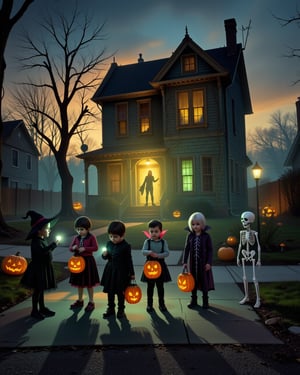 A dimly lit suburban street at dusk, where five children in Halloween costumes clutch their candy bags tightly. Their flashlight beams cut through a thick, unnatural fog that curls around their feet. The nearest house is Victorian-style with boarded windows and dead vines crawling up its facade. Through the fog, the silhouette of a tall, unnaturally thin figure can be barely seen watching from behind a dead tree. Jack-o'-lanterns flicker with eerie green light, casting distorted shadows. The children's costumes (witch, zombie, ghost, vampire, and skeleton) appear worn and unsettlingly realistic. One child points toward the house while another seems frozen in fear. The color palette is muted oranges and blues with spots of sickly green, emphasizing deep shadows. Composition is low-angle to make the house loom menacingly. Photorealistic style with horror movie lighting.