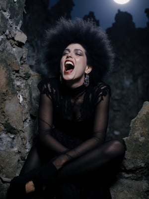 Extreme close up. A sultry nu goth vampire queen sits regally on a decrepit castle battlement at midnight,  Afro haircut , her face contorted in an ecstasy-filled grimace as if savoring the very essence of darkness. The Ferrania P30 film's grainy texture and desaturated hues evoke a sense of nostalgia and foreboding. A 35mm camera captures the close up scene with a shallow depth of field, blurring the crumbling stone walls behind her while emphasizing the stark contrast between her porcelain skin and the dark, stained surroundings. A harsh camera flash casts an eerie glow on her pale features, as if Xuxa's very presence is illuminating the dark recesses of this forsaken castle.