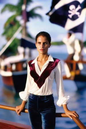 Female rshlf pirate wearing a velvet vlzblnc shirt, stands on a boat deck, photo by Steve McCurry