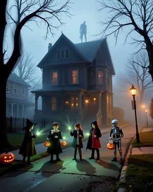 A dimly lit suburban street at dusk, where five children in Halloween costumes clutch their candy bags tightly. Their flashlight beams cut through a thick, unnatural fog that curls around their feet. The nearest house is Victorian-style with boarded windows and dead vines crawling up its facade. Through the fog, the silhouette of a tall, unnaturally thin figure can be barely seen watching from behind a dead tree. Jack-o'-lanterns flicker with eerie green light, casting distorted shadows. The children's costumes (witch, zombie, ghost, vampire, and skeleton) appear worn and unsettlingly realistic. One child points toward the house while another seems frozen in fear. The color palette is muted oranges and blues with spots of sickly green, emphasizing deep shadows. Composition is low-angle to make the house loom menacingly. Photorealistic style with horror movie lighting.