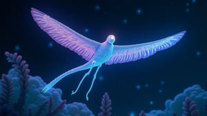 A majestic Braided Glider soars effortlessly amidst the dark, bioluminescent sky, its braided body glowing softly with pink, blue, and green hues. The creature's vast, translucent wings unfurl, their intricate bioluminescent threads weaving a mesmerizing pattern as they catch the faint wind. Its long, prehensile limbs gently grasp the glowing branches of braided flora below, bathed in the soft light from its intelligent eyes. The shimmering bioluminescent liquid highlights the complex textures of its braids, set against the dark sky filled with floating fabric-leaf clouds, reflecting the world's soft glow.