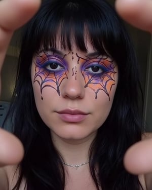 A mysterious individual's inky black hair frames their face as they gaze directly into the lens. A mesmerizing Halloween-inspired makeup design takes center stage, featuring intricate patterns of orange and purple hues, resembling a spider's web. The subject's eyes are adorned with bold, bright blue eyeliner, giving an air of mystique. The framing is tight, focusing attention on the striking facial artistry.