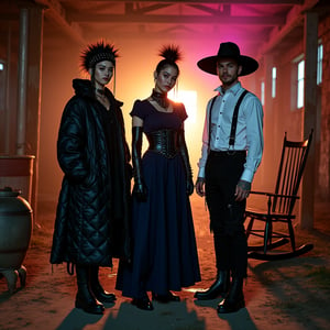 Photoshoot in abandoned barn at twilight. Three models wearing "Amish Punk" fusion fashion:

1. Woman in oversized black quilt coat with leather accents, long plain dress, chunky boots, spiked bonnet.
2. Woman in navy floor-length dress with asymmetrical hem, leather corset, combat boots, detachable mohawk bonnet.
3. Man in black suspender pants, white studded collar shirt, distressed wide-brimmed hat, work boots.

Minimal makeup with subtle neon accents. Props: modified farm tools, punk-painted butter churn, studded rocking chair. Lighting: warm golden tones with neon pink and green highlights. Fog for atmosphere. Mood: contrast between tradition and rebellion.

Style: High-fashion photography, dramatic lighting, detailed textures.